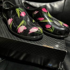 Sloggers Black and Pink Floral Mules